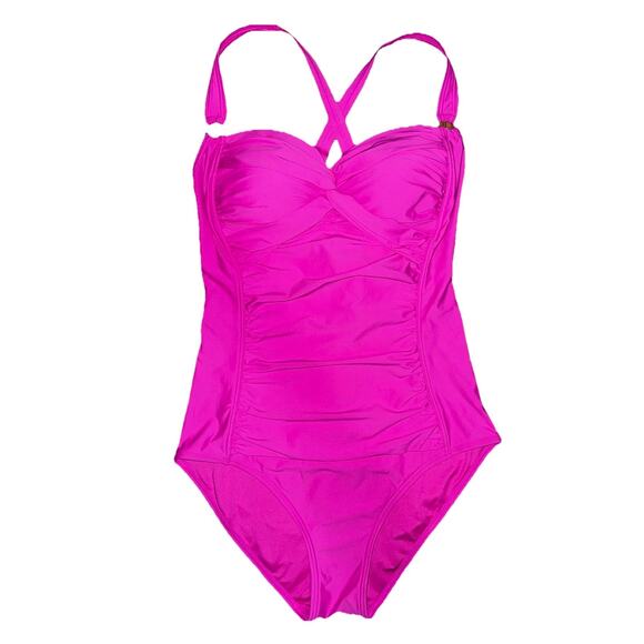 DKNY One Piece Pink Large Swimsuit Ruched Tummy Slimming Crossback Padded Bra - Picture 1 of 10